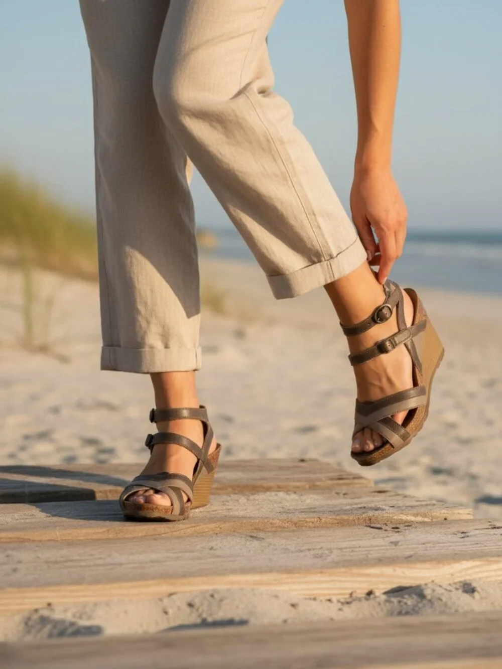 Fly London Brown Leather Cork Wedge Sandals EU 39 US 8-8.5 Comfort Platform